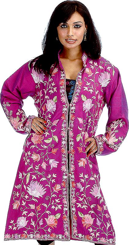 Violet Long Silk Jacket with Floral Embroidery
