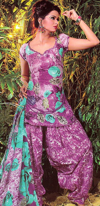 Violet Patiala Salwar Kameez with Large Printed Flowers