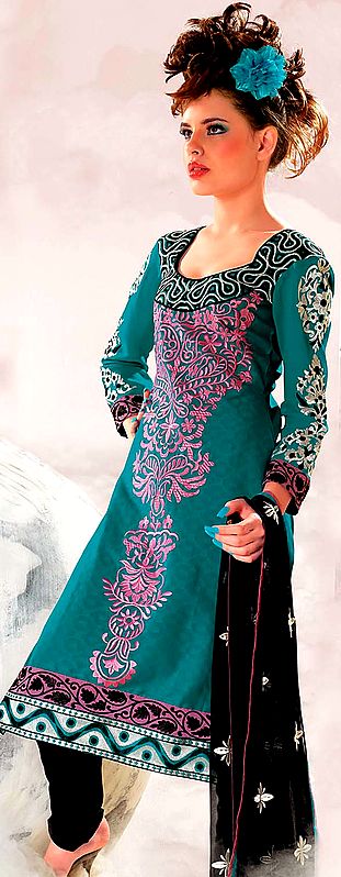 Viridian-Green Choodidaar Suit with Crewel Embroidery and Patch Border on Kameez