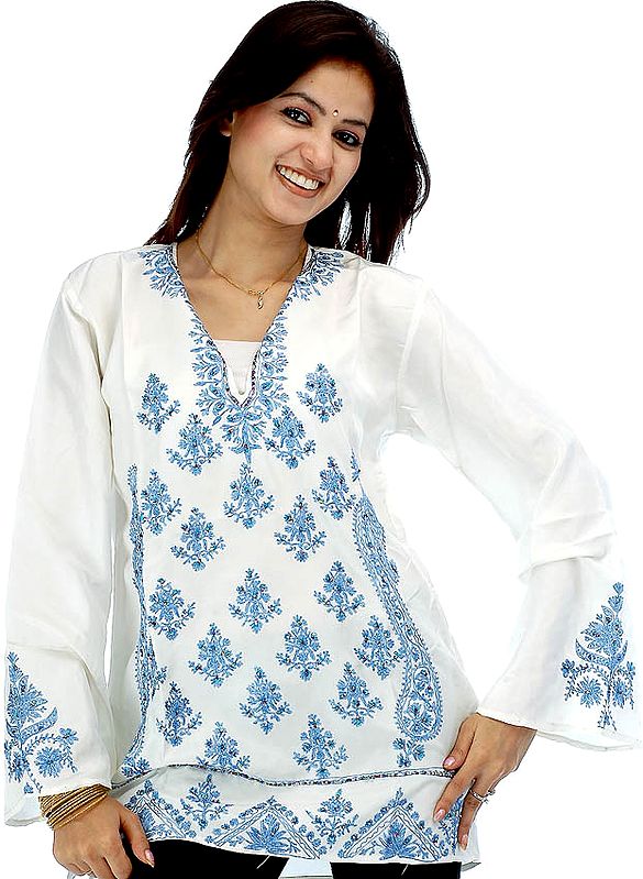 Water and Ice Kashmiri Top with Embroidery and Sequins