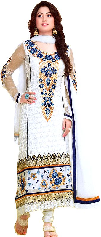 Whisper-White Crochet Long Choodidaar Kameez Suitwith Floral Patches