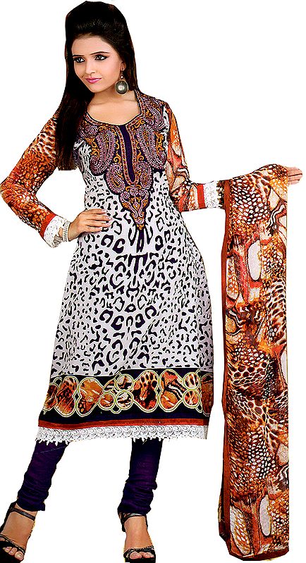 White and Black Salwar Kameez with Printed Leopard Spots