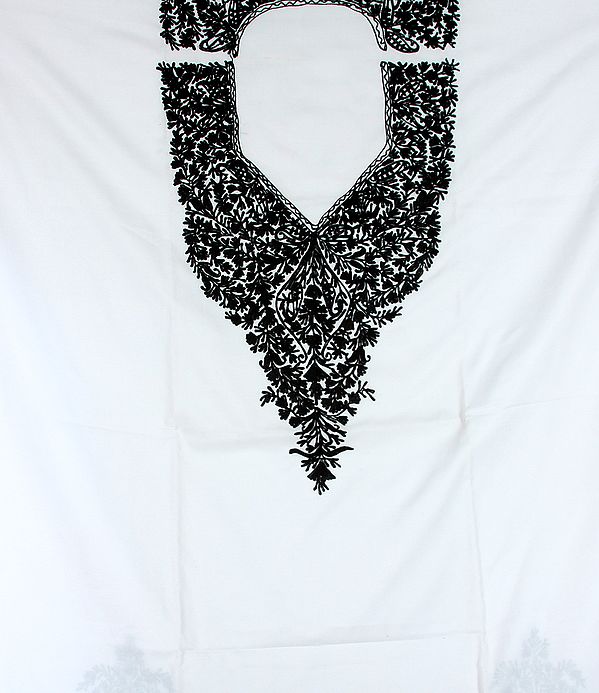 White and Black Two-Piece Salwar Suit from Kashmir with Floral Aari Embroidery