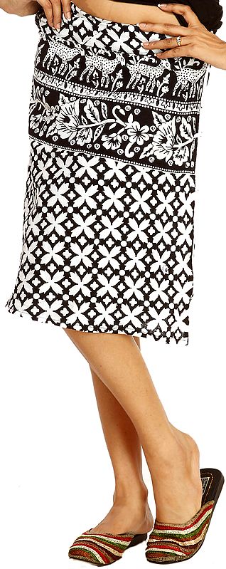 White and Black Wrap-around Mini-Skirt with Printed Deers and Flowers