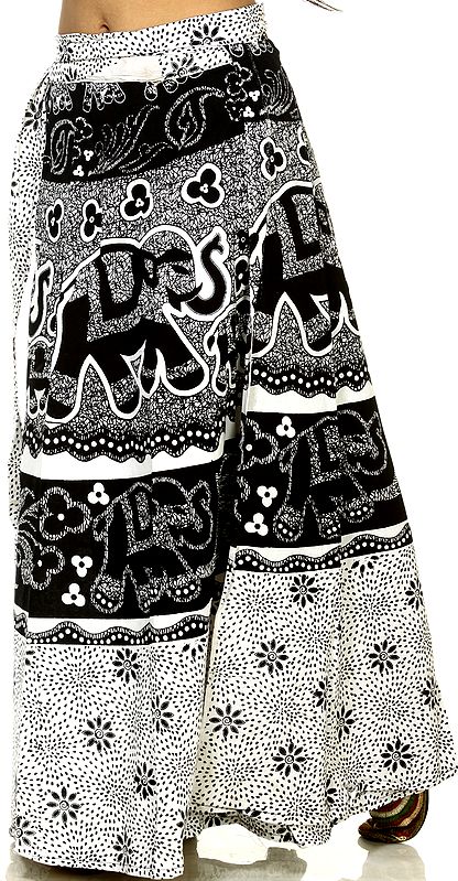 White and Black Wrap-Around Long Skirt with Printed Elephants