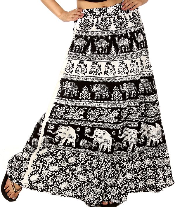 White and Black Wrap-Around Skirt with Printed Elephants and Camels
