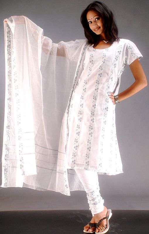White and Gray Cotton Suit with Choodidaar Salwar