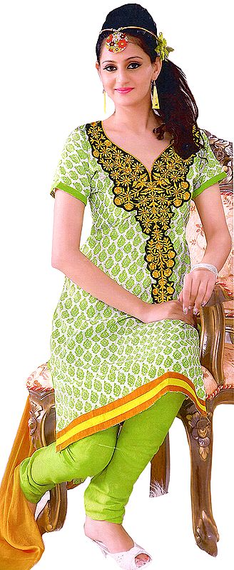 White and Green Printed Choodidaar Kameez Suit with Embroidered Patch