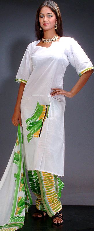 White and Green Printed Cotton Suit
