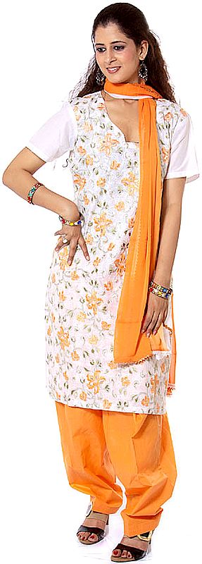 White and Orange Salwar Kameez with All-Over Floral Embroidery