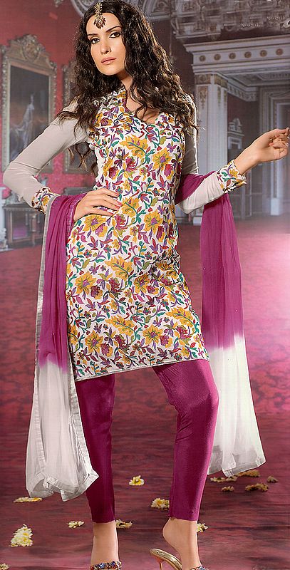 White and Purple Choodidaar Kameez Suit with Aari Embroidery Flowers and Mokaish Work