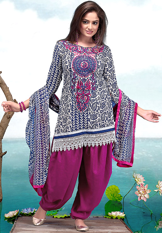 White and Purple Printed Salwar Kameez Suit with Beaded Patch on Neck and Crochet Border