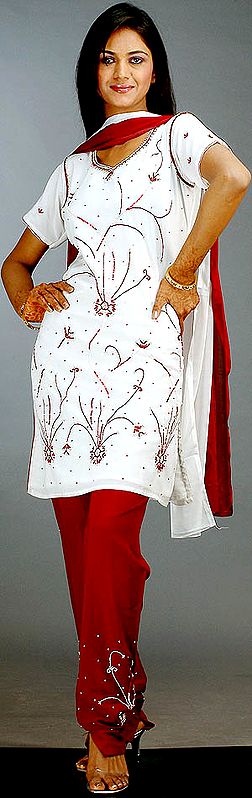 White and Red Suit with Beads and Sequins