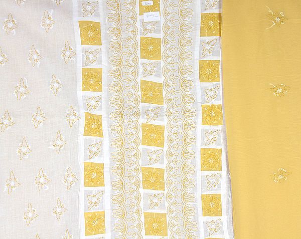White and Sauterne-Yellow Salwar Kameez Fabric with Lukhnavi Chikan Embroidery