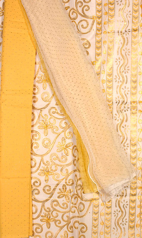 White and Yellow Salwar Suit with Embroidered Flowers and Gold Paint