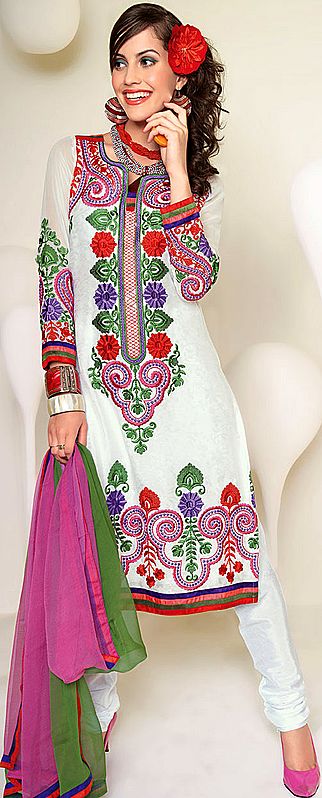 White Choodidaar Kameez Suit with Crewel Embroidered Flowers and Patch Border