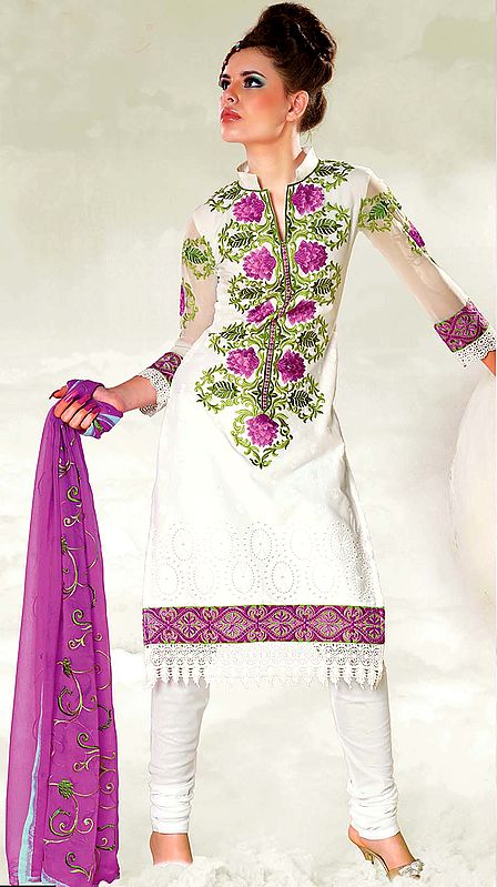 White Choodidaar Suit with Crewel Embroidered Flowers on Neck and Crochet Border