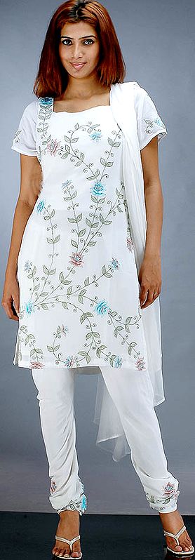 White Choodidaar Suit with Floral Embroidery
