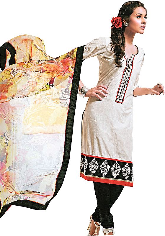 White Choodidaar Suit with Printed Dupatta and Embroidered Patch Border