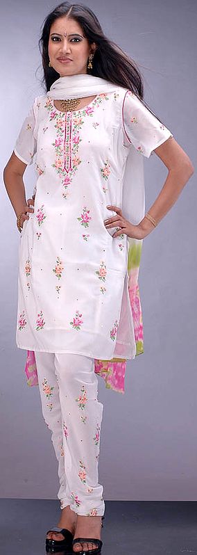 White Floral Hand-Embroidered Choodidaar Suit