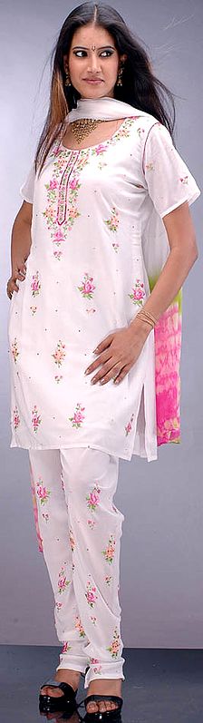 White Floral Hand-Embroidered Choodidaar Suit