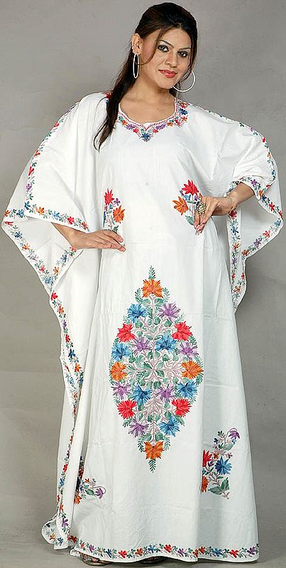 White Floral Kaftan with Multi-Colored Aari-Embroidery