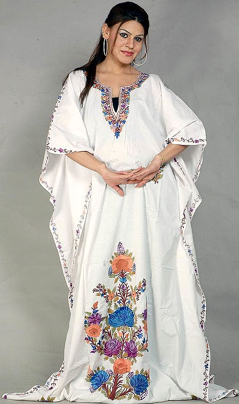 White Floral Kaftan with Multi-Colored Aari-Embroidery