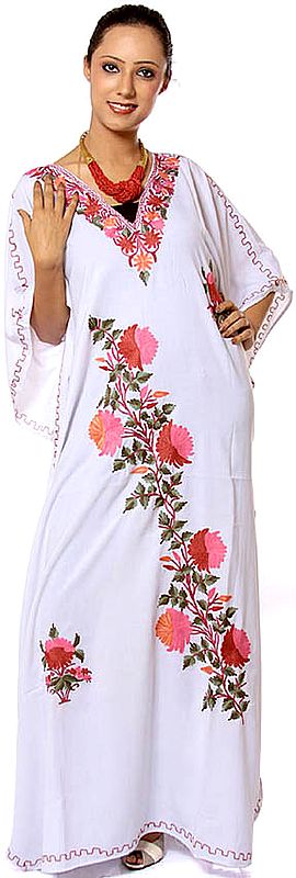 White Kaftan from Kashmir with Floral Embroidery