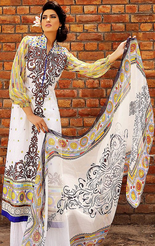 White Long Salwar Suit from Pakistan with Printed Circles and Embroidered Shirt