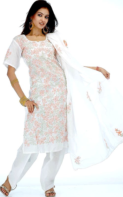 White Lukhnavi Chikan Salwar Kameez with Floral Embroidery