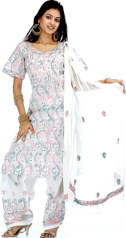 White Lukhnavi Chikan Salwar Kameez with Pink and Green Threadwork