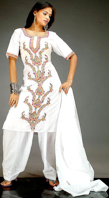 White Salwar Kameez Suit from Kashmir with Aari Embroidery
