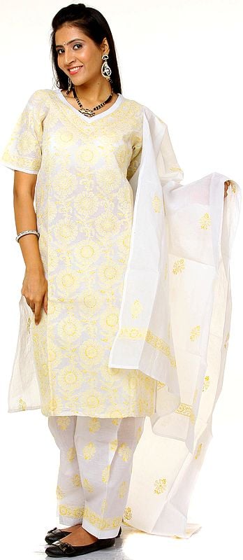 White Salwar Kameez with All-Over Lukhnavi Chikan Embroidery in Yellow Thread