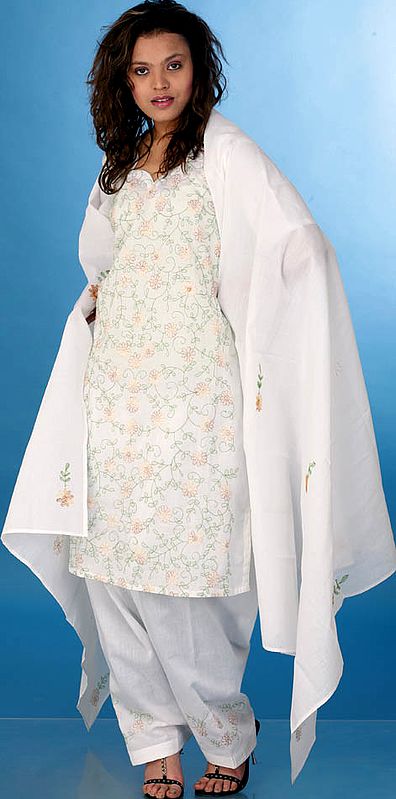 White Salwar Kameez with Floral Lukhnavi Chikan Embroidery
