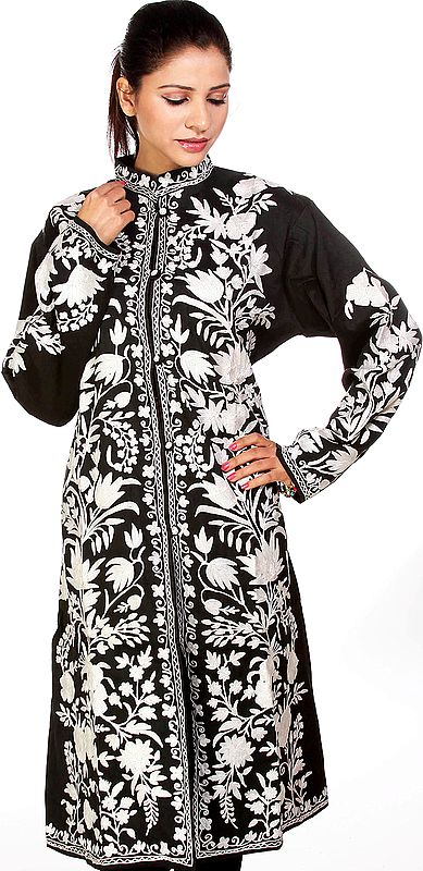 White Tulips Embroidered on a Black Long Jacket from Kashmir
