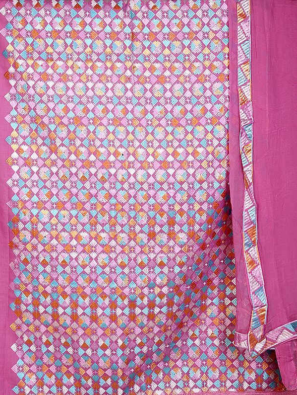 Wild Orchid Pink Phulkari Salwar Kameez Fabric From Punjab with Aari Embroidery