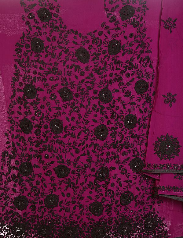 Wild-Aster Purple Phulkari Salwar Kameez Fabric from Punjab with Aari Embroidered Flowers and Sequins