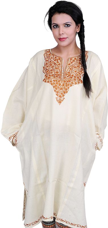 Winter White Kashmiri Phiran with Hand-Embroidery on Neck