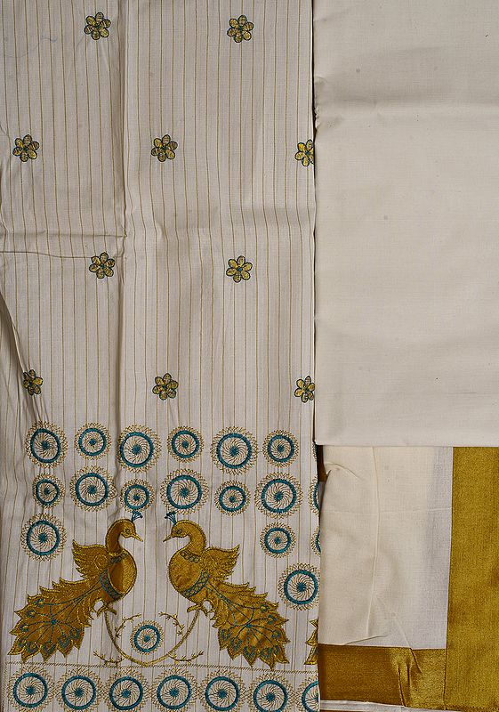 Winter-White Kasavu Salwar Kameez Fabric from Kerala with Applique Work