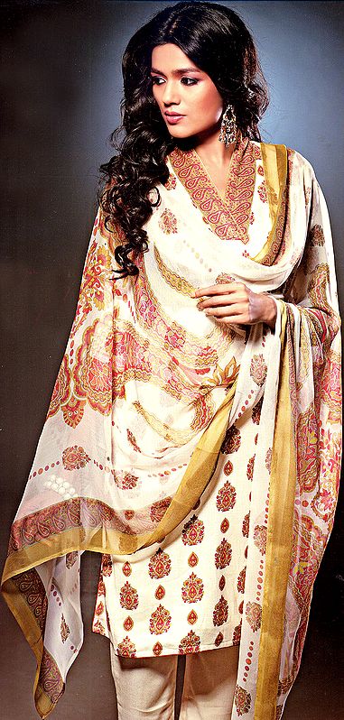 Winter-White Salwar Kameez Suit with Printed Flowers and Paisleys