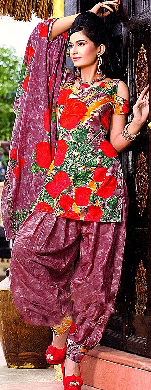 Wistful-Mauve Salwar Kameez Suit with Large Printed Roses