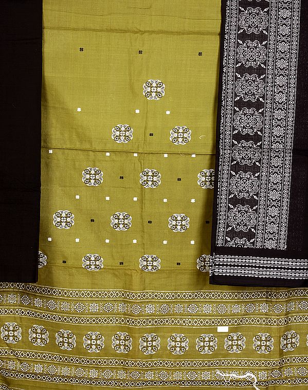 Woodbine-Green Bomkai Salwar Kameez Fabric from Orissa with All-Over Woven Bootis and Rudraksha Border