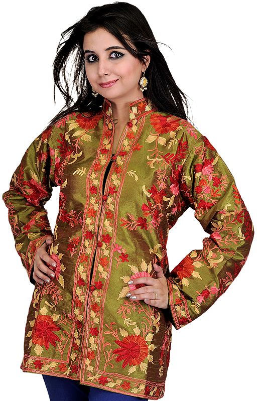 Woodbine-Green Kashmiri Jacket with Aari Embroidered Flowers