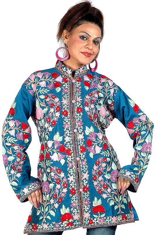 Yale-Blue Jacket with Multi-Color Floral Embroidery