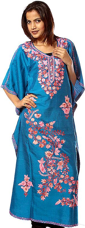 Yale-Blue Kaftan from Kashmir with Embroidered Flowers in Pink Thread
