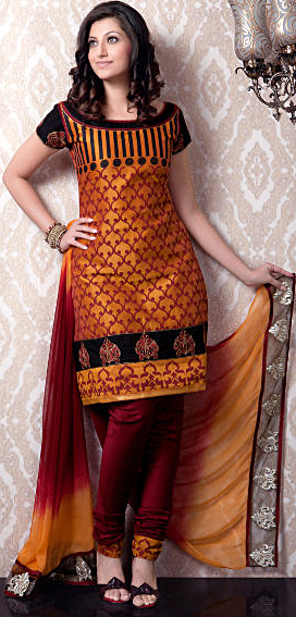 Yam-Yellow Printed Choodidaar Kameez Suit with Patch Border