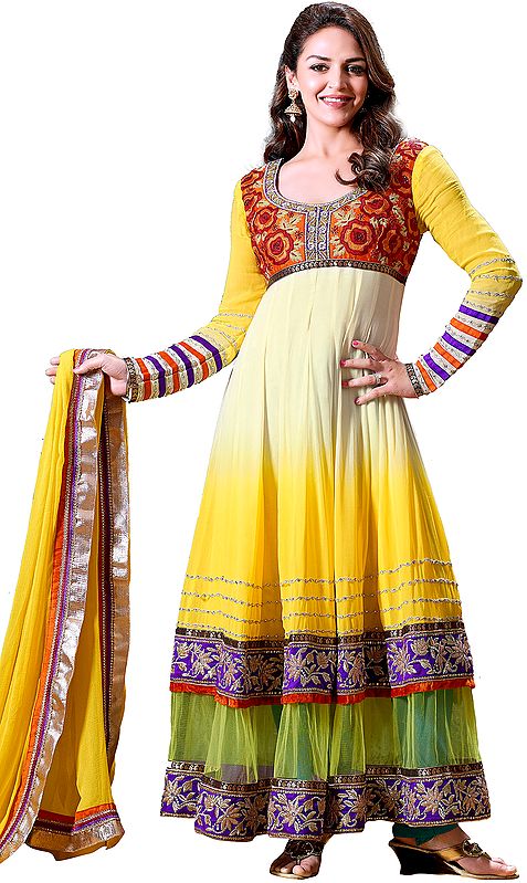 Yellow Anarkali Suit with Embroidered Patch Border