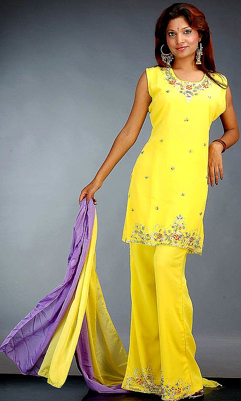 Yellow and Amethyst Parallel Suit with Beads and Sequins