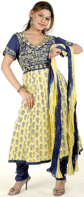 Yellow and Blue Anarkali Suit with Embroidery