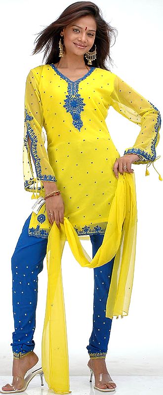 Yellow and Blue Choodidaar Suit with Embroidery